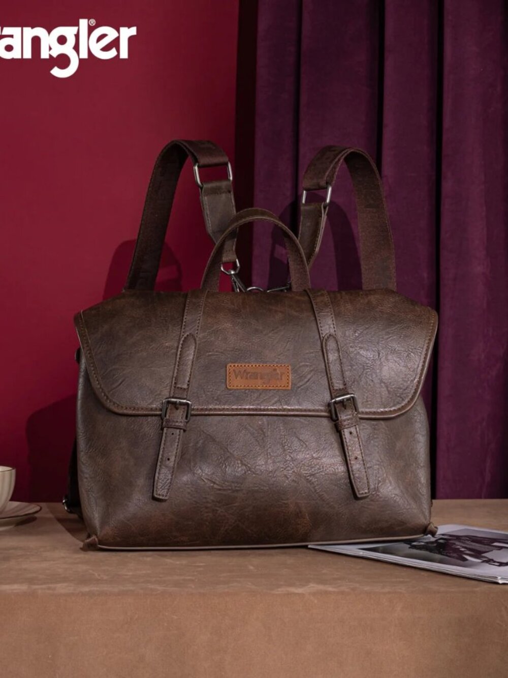 Wrangler Top Handle Carry Satchel/Laptop Bag/Backpack/Crossbody - Coffee